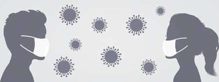 Man and woman wearing medical masks. Crowd of people protecting themselves against pandemic epidemic infection. Coronavirus - COVID-19, virus contamination, pollution, antivirus â stock vectorのイラスト素材