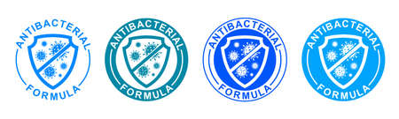 Antibacterial formula set icons, shield with crossed bacteries inside. Covid coronavirus clean hygiene medical protection anti bacterial shield label - stock vectorのイラスト素材