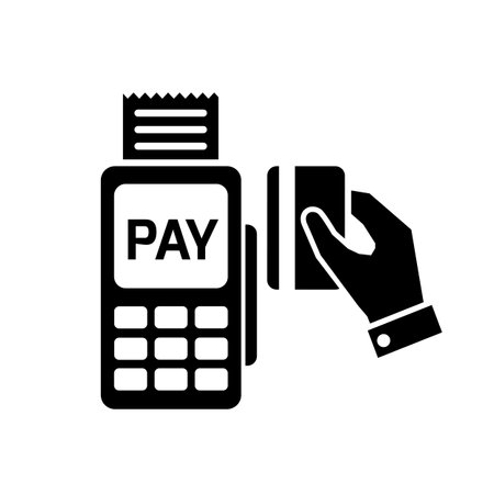 Payment terminal and credi card in the hand. POS terminal and transaction. Concept one hand pushes the card into the terminal with check - stock vectorのイラスト素材