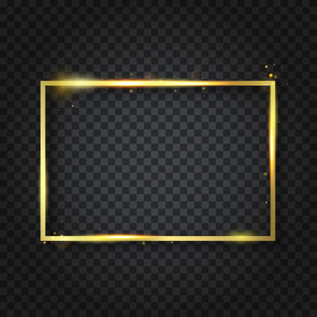 Golden luxury shiny glowing vintage frame with reflection and shadows. Isolated on transparent background gold border decoration - stock vectorのイラスト素材