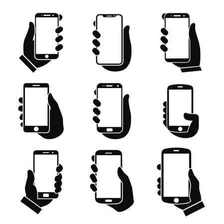 Human hand holding smartphone icon set. Phone holding flat icon sign. Phone in hand - stock vector