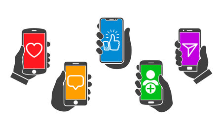 Social media communication concept, mobile applications, set hands raising smartphone - stock vectorのイラスト素材