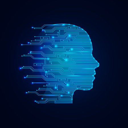 Artificial intelligence concept. Virtual technology web background. Machine learning and cyber mind domination concept in form of women face. AI in humanoid head with neural network thinks.のイラスト素材