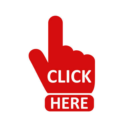 Click here button with hand pointer clicking. Click here web button. Isolated website hand finger clicking cursor - stock vectorのイラスト素材