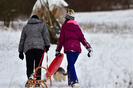 Mom and daughter are pulling sledge up the hill in the winter in the snow and around them is playing...