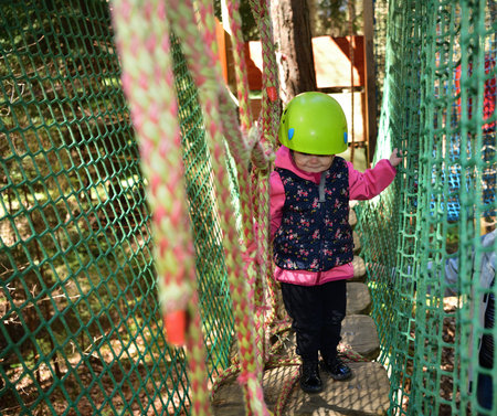 2-year-old little girl is climbing ropes in an amusement park in the heightsの写真素材