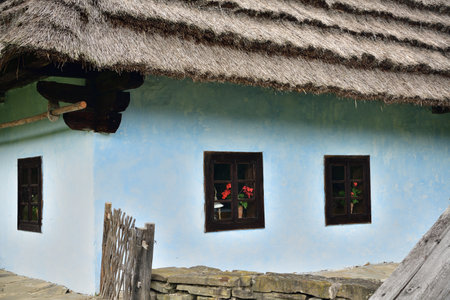 House with blue mud walls and a thatched roof in a historic villageの写真素材