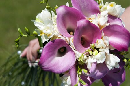 Close-up of a pink and white wedding bouquet with a bride's hand on a green backgroundの写真素材