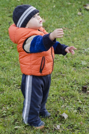 An outdoor portrait of a happy child, boy or girl; child is standing on a grass lawn, looking up and communicating; communication or parenting concept.の写真素材