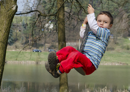 Child on a swing in an adventure park in nature.の写真素材