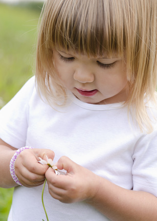 Small girl child with daisy floweron a meadow in natureの写真素材