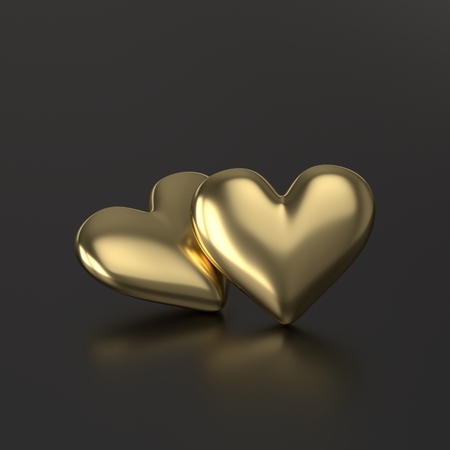 Two Golden Heart. 3D Render on Black Backgroundの写真素材