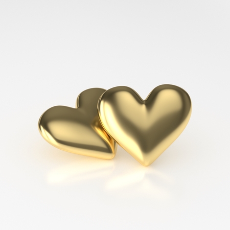 Two Golden Heart. 3D Render on White Backgroundの写真素材