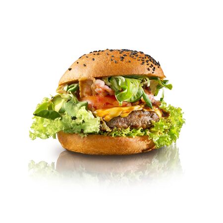 Delicious hamburger isolated white background. For fast food restaurant design or fast food menuの写真素材