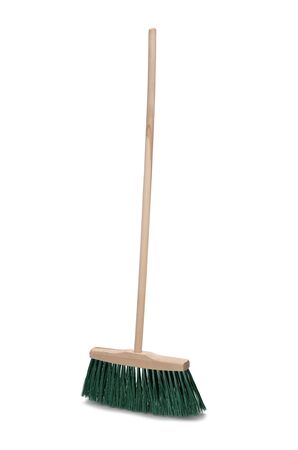 Broom with long wooden handle isolated on white background. Cleaning equipment for houseworkの写真素材