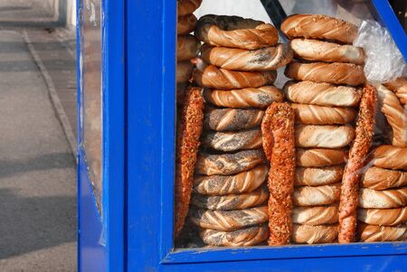 Krakow's bagels / pretzels stacked in street food containerの写真素材