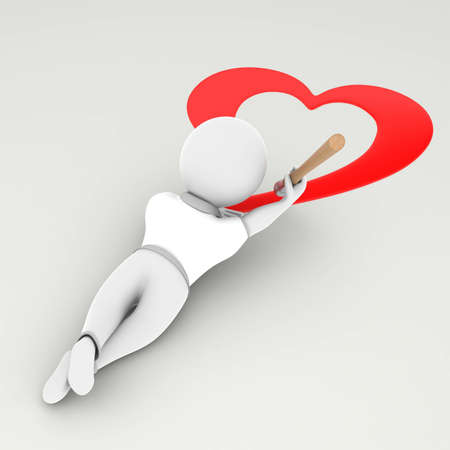 Guy lies and draws a beautiful red heart. He does it with passion long pen.の写真素材