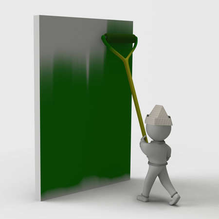 3d person with a paper hat on my head roller, paint the wall. Paint color is green.の写真素材
