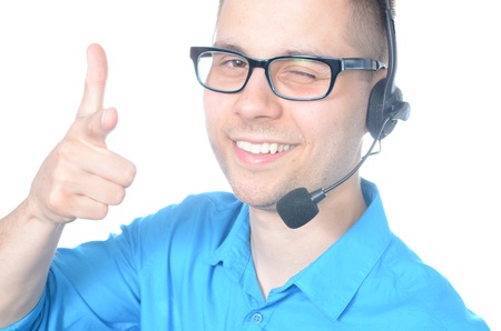Young male call center operator in suit isolated on white