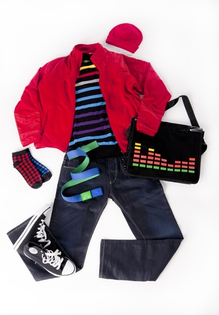 Colorful look men clothes in a plan isolated in white backgroundの写真素材