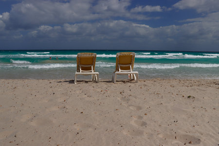 Beach chairs on the beach.の写真素材