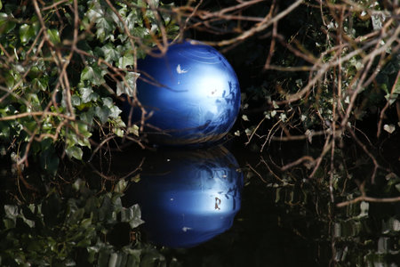 Blue ball reflecting in the water with a reflection of trees and leavesの写真素材