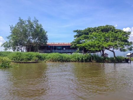Traditional floating village houses in Inle Lake, Myanmarのeditorial素材