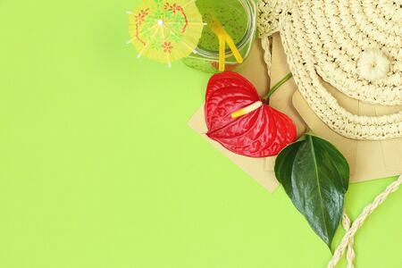 Summer tropical mockup banner with straw bag on green backgroundのeditorial素材