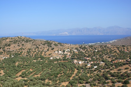 Panorama of Spinalonga Bay with olive grove, Crete, Greeceの写真素材