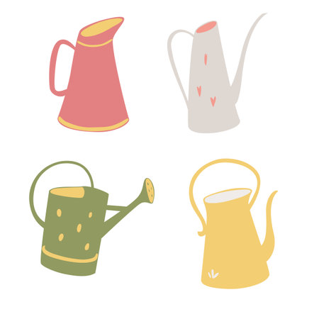 Vector set of beautiful watering cans. Spring gardening concept. Cartoon handdrawn style. Isolated white background.のイラスト素材