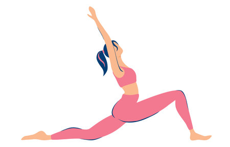 Woman doing yoga. Virabhadrasana pose. Illustrations for beauty, spa, wellness, natural products, cosmetics, body care, fitness isolated on white background. Flat illustration.のイラスト素材