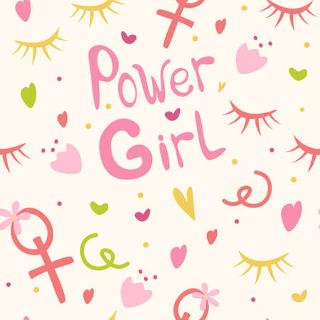Background for girls the inscription girls' power, hearts, flowers and cilia. Girlish print for clothes, textiles, wrapping paper, web. Seamless pattern on a white backgroundのイラスト素材