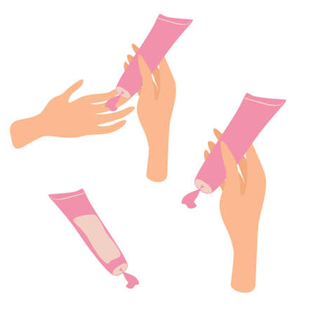 Illustration of female hand holding a tube of cream. Woman Use Different Skincare Products. Hand Cream. Skin Care Routine, Hygiene and Moisturizing Concept. Flat Cartoon Vector Illustration.のイラスト素材