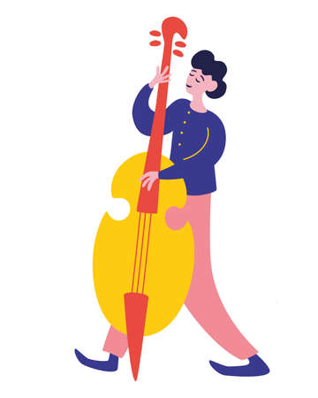 Young man playing on contrabass. Young Man Playing Double Bass, Male Jazz Musician Character. Jazz Festival. Flat vector illustration in contemporary art style.のイラスト素材