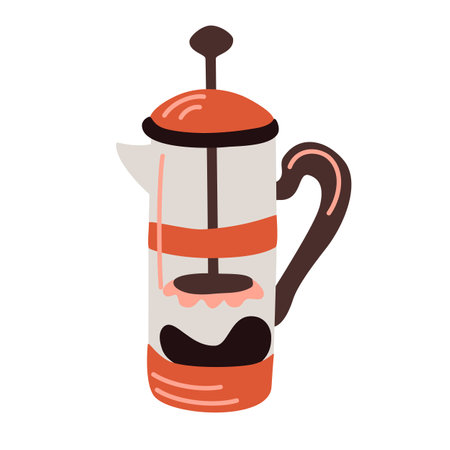 French press - a simple device for brewing coffee. Coffee maker doodle, hand drawn styles. Vector flat material design isolated on white.のイラスト素材