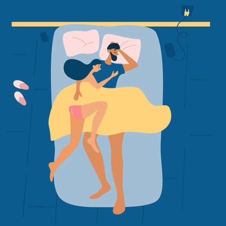 Couple sleep together. Top view. Sleeping Pose. Healthy sleeping on bed, comfort mattress and pillow. Vector illustration.のイラスト素材