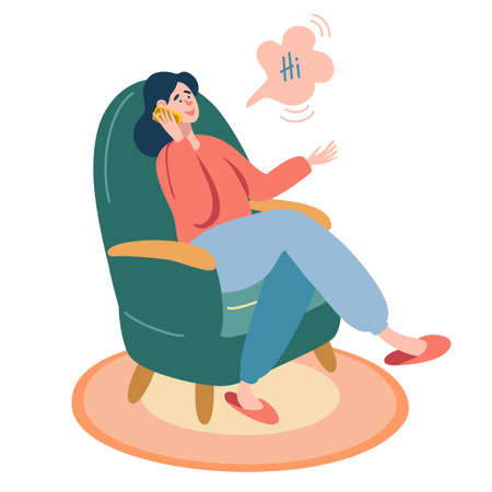 The girl is sitting in a green chair and talking on the phone. Design element for banner, poster. Female character, communication, work at home. Vector flat people illustration.のイラスト素材