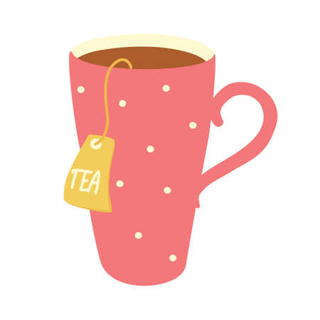 Cozy and calming illustration of the nice cup of tea with tea bag. Tea lover, drinking tea concept. Great design for cafe and kitchen poster, card. Vector hand drawn cartoon illustration.のイラスト素材