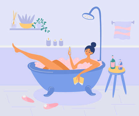 Girl lies in the bathroom with foam bubbles. lady drinks wine, reading book and relax. Bath time,...