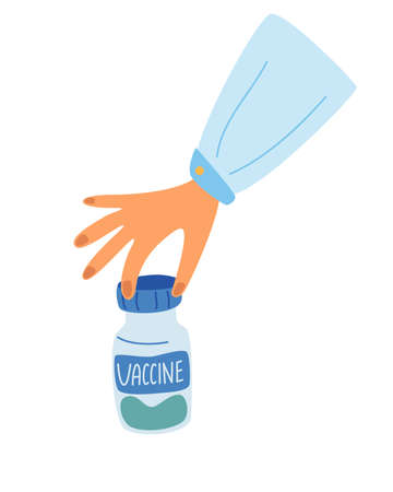 Doctor's hand holding a test-tube with covid-19 vaccine. Test tube in the hand. Concept of vaccine, chemical experiments, medical research, science achievement. Vector flat illustrationのイラスト素材