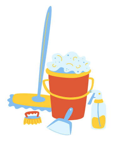 Set of items for wet cleaning. Plastic water bucket, detergent chemical bottle. Vector illustration of general cleaning. Cleaning product.のイラスト素材