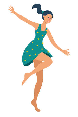 Happy girl jumping in in a summer dress with polka dots cheerfully. Summer concept. Happiness and love concept. Flat Cartoon Vector Illustration.のイラスト素材