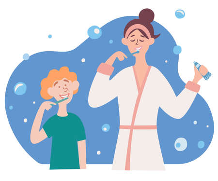 Family brush teeth. Vector illustration of Mother and Son Brushing Their Teeth Together. Mouth Hygiene. Picture design for web banner and health information published.Vector cartoon character.のイラスト素材