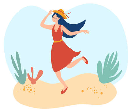 Happy young woman walking on the beach. Lady in a summer dress hold her hat. Happy smiling woman goes at outdoor on summer sunny weather. Seaside holiday look, walking pose. Cartoon Flat Illustrationのイラスト素材