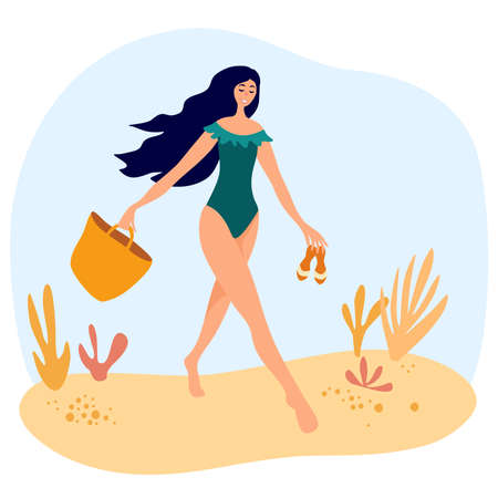 Cute girl in a swimsuit walks on the beach with a bag and flip flops. Women relaxing at summer resort. Seaside holiday look, walking pose. Vector flat style cartoon illustrationのイラスト素材