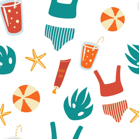 Vector seamless pattern with summer items. Vector beach elements: swimsuit, cocktail with a straw, ball, sunscreen, starfish. Flat styleのイラスト素材