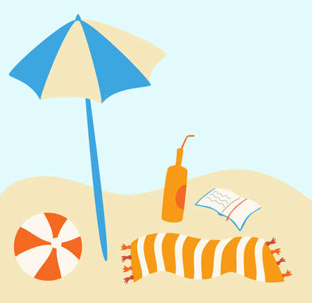 Beach Set. Beach with umbrella, striped towel, ball, book and drink. Good sunny day. Vector travel and summer beach holidays holiday iconのイラスト素材