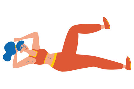 Woman training abs. A woman engaged in fitness. Exercise on the press. Domestic abdominal press exercise. Woman Engaged Fitness. Healthy Lifestyle. Fitness Girl. Cartoon vector illustration.のイラスト素材