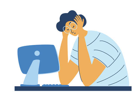 Professional burnout syndrome. Exhausted tired male manager in office sad sitting with head down. Stress or deadline at work. Frustrated worker mental health problems. Vector illustrationのイラスト素材