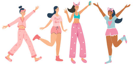 Trendy young women set wearing cozy home clothes, homewear. Multicultural cute girls in various comfortable pajamas, nightgown, sleepwear. Flat vector cartoon illustrationのイラスト素材